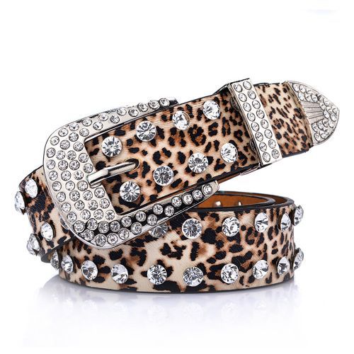 All-match Women's Rhinestone Inlaid Leopard Print Full Diamond Trousers Belts
