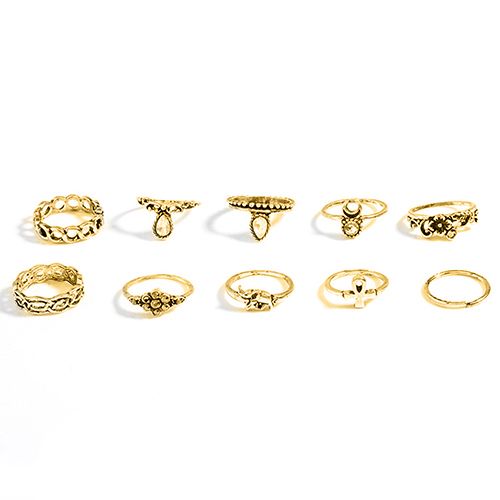 10Pcs/Set Retro Boho Elephant Flower Moon Above Knuckle-Gold