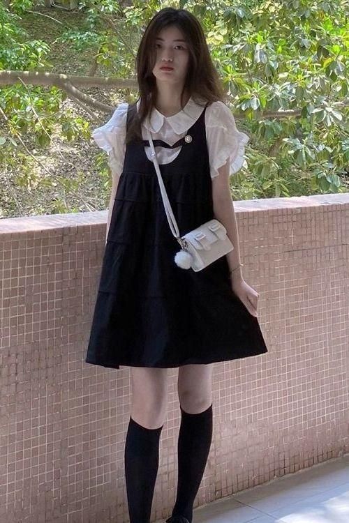 Preppy Style Suspender Dress for Female Students Summer New Sweet Cute Anti-Aging Small Suspender Dress Two-Piece Set