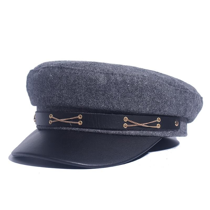 Sailor Cap  Women Bla Leather Top  Caps Ladies Faux Leather Autumn Winter Luxury Brand Captain Hat