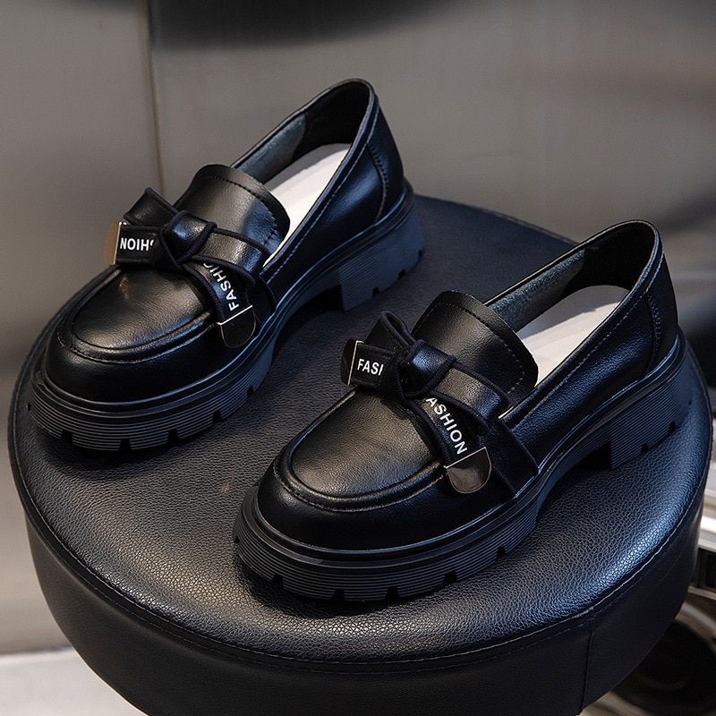 Genuine Leather Platform Shoes Women's Loafers Heel Woman Pumps Shoes For Women 2022 Spring Bow Knot Designer Black Heels Girls
