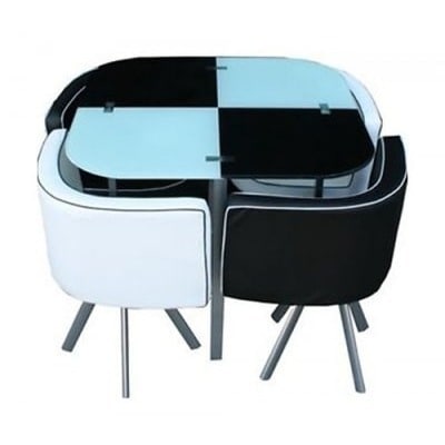 Space Saver Glass Table & 4-Seater Chairs  - Black & Blue
