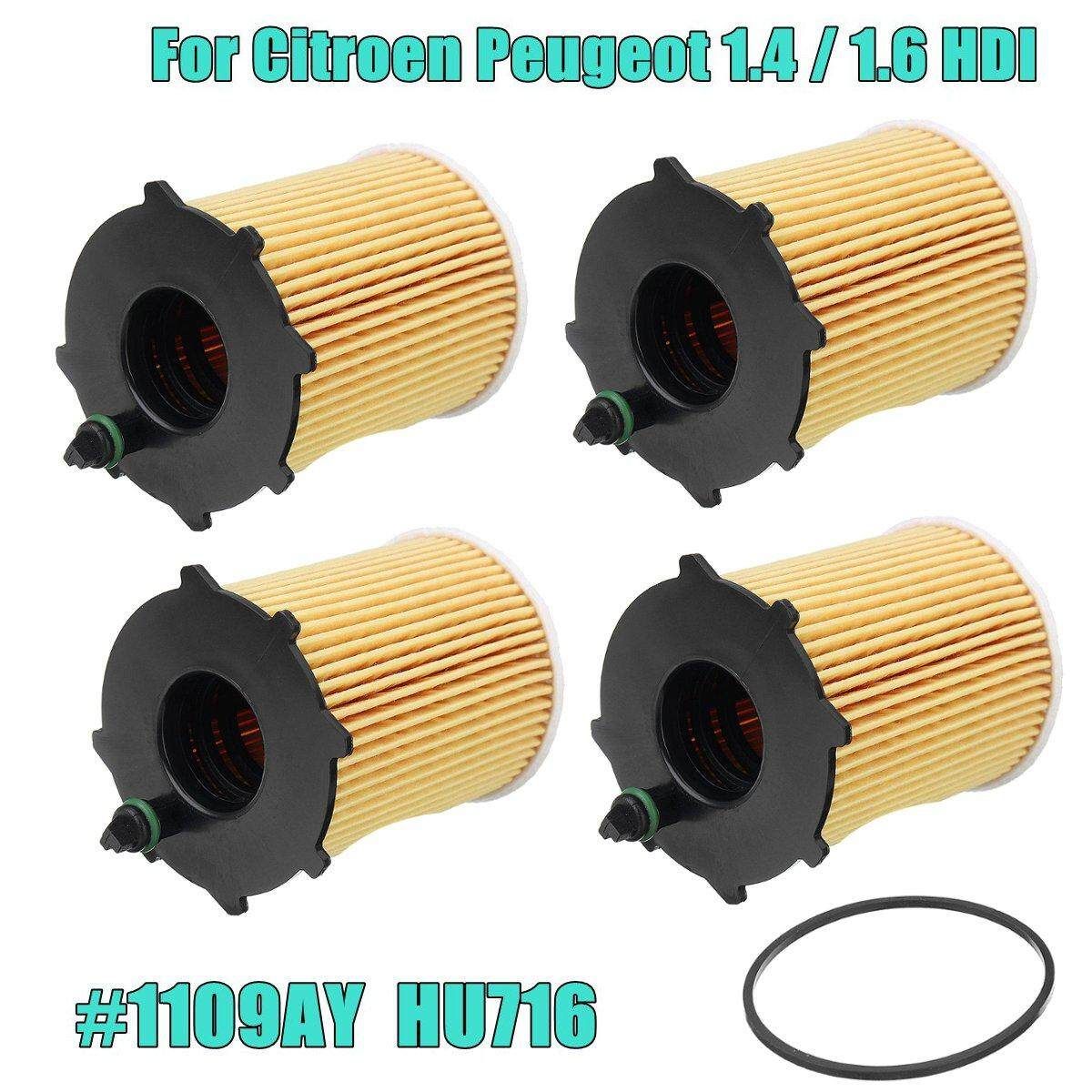 4Pcs New Engine Oil Filter With Gasket Kit For Citroen Peugeot 1.4 / 1.6 HDI #1109AY