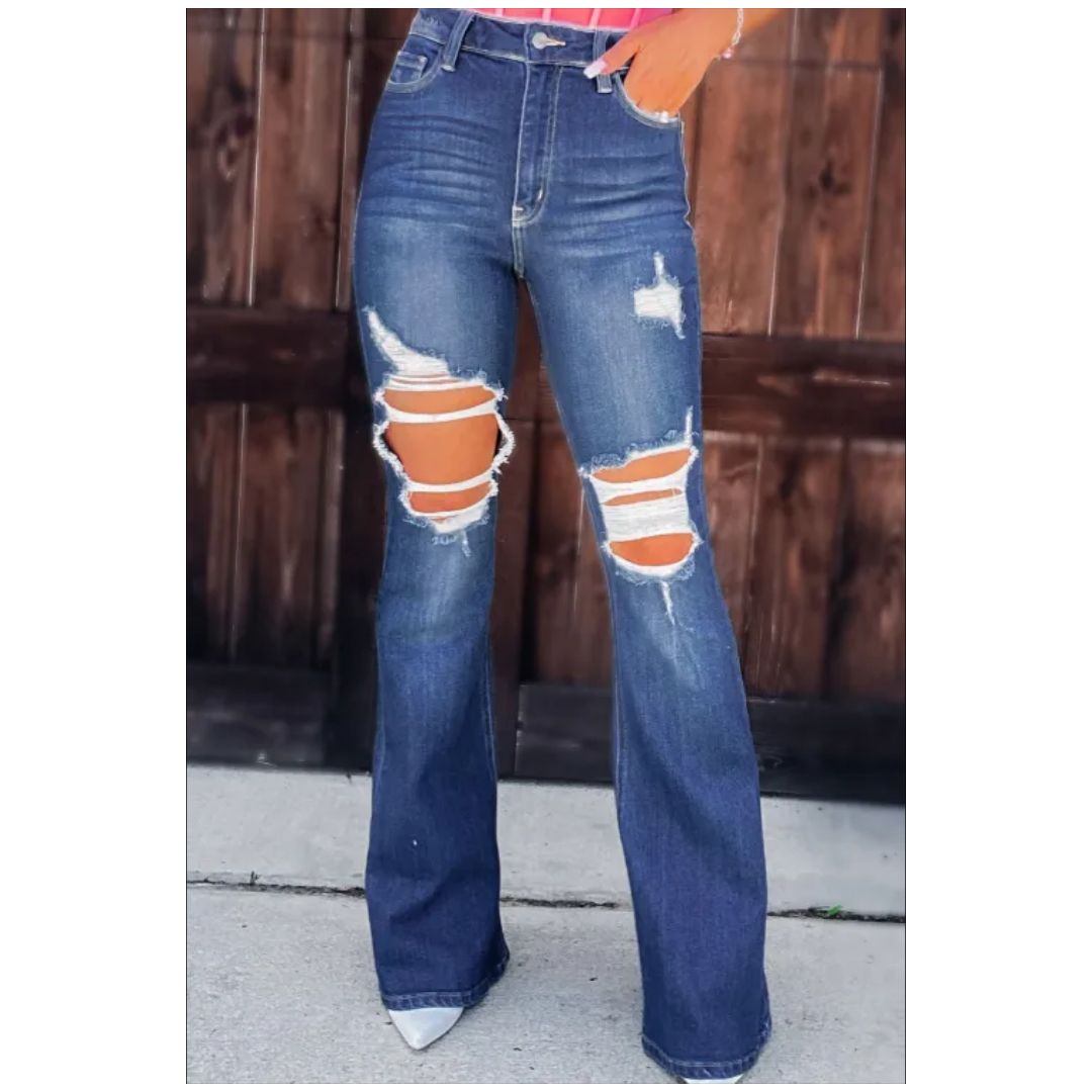 Mfed Blue Mid Waist Distressed Flare Jeans