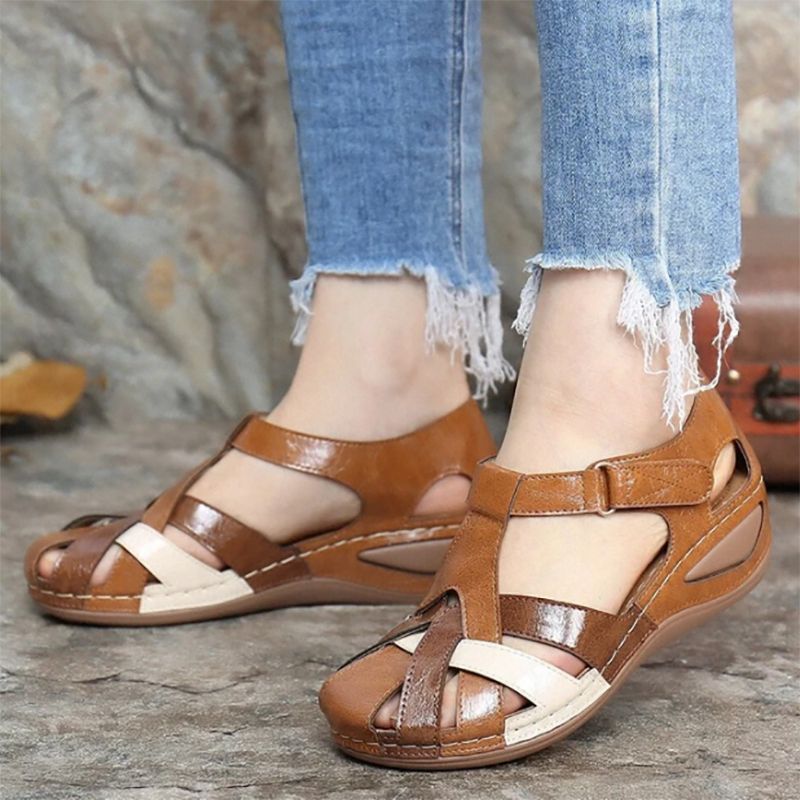 Women Leather Wedge Sandals(brown）
