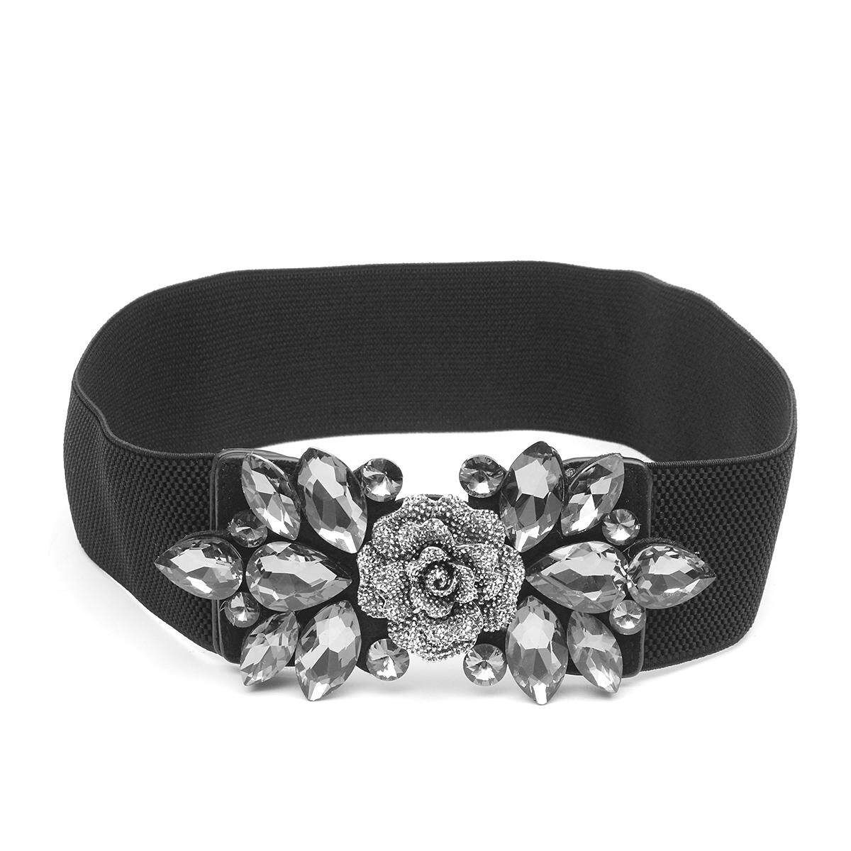 Women's Wide Rhinestone Elastic Buckle Waist Belt Stretch Adjustable Waistband Black 63