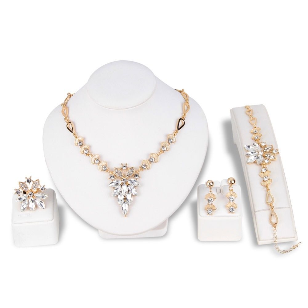 Women Rhinestone Grape Pendant Necklace Stud Earrings-White