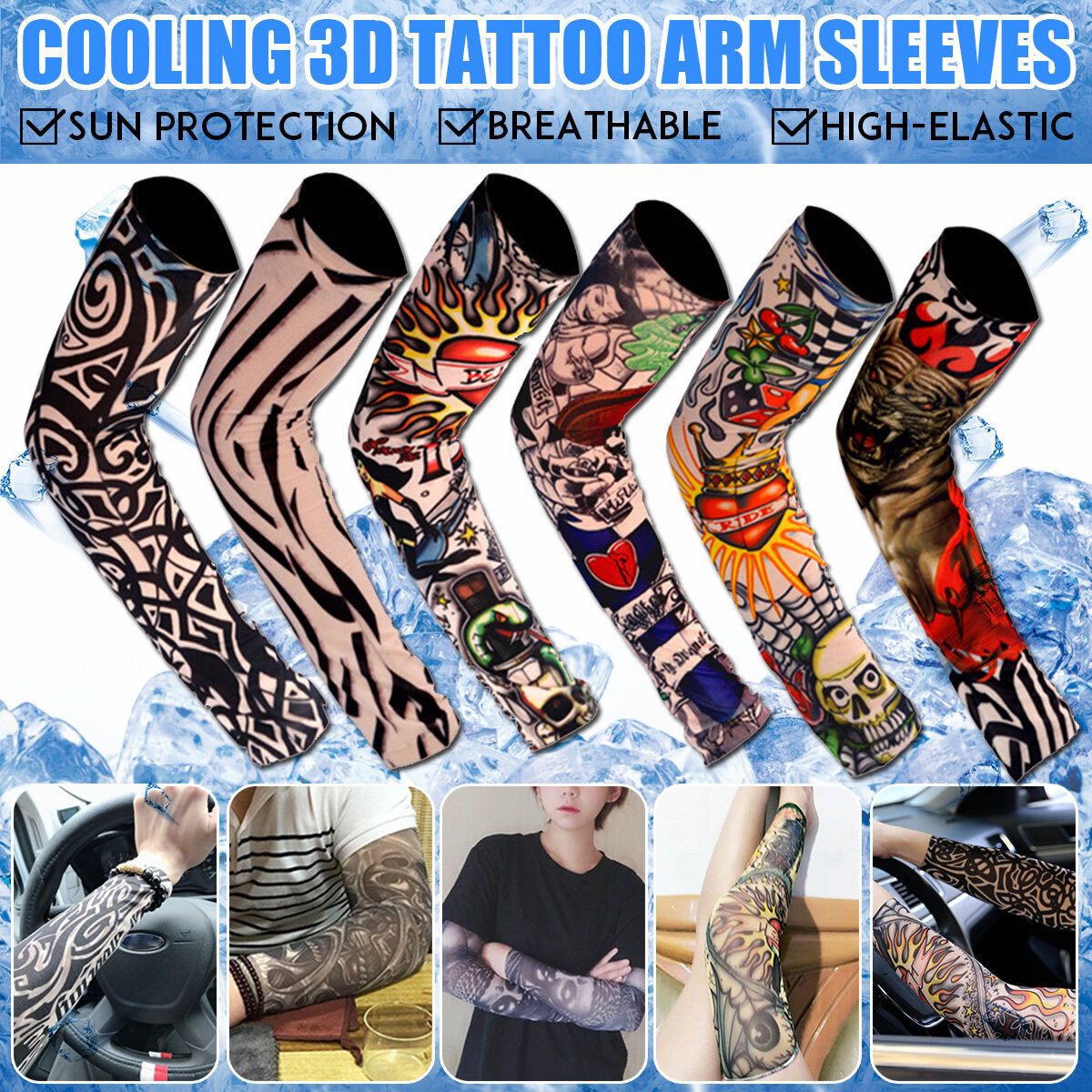 6 PCS Outdoor Cycling Temporary Tattoo Sleeve Nylon Arm Sleeve Cool UV Sun Protection Stockings Sleeves For Men Women