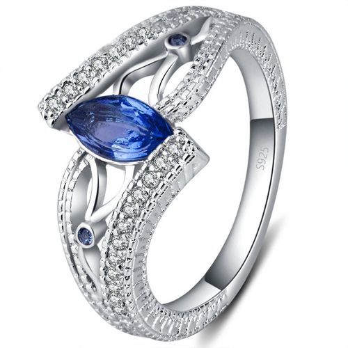 Sterling Silver Finger Rings Women Vintage Engagment Zircon Jewelry,Size:7(Blue)