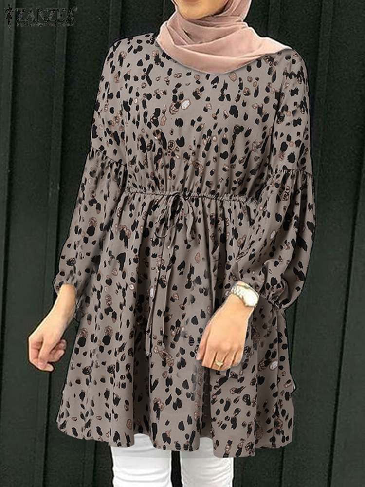 ZANZEA Women Leopard Printed Muslim Tops FashionCasual Loose Blouse-Khaki