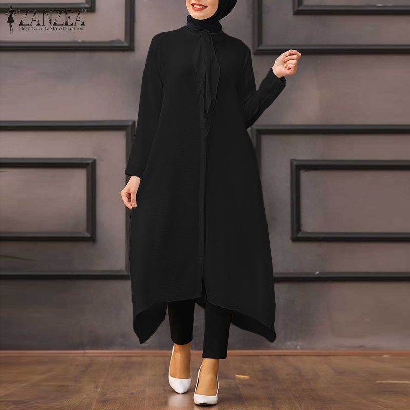 ZANZEA Muslim Abaya Kaftan Tie Neck Blouse Elegant On Tops Casual-black