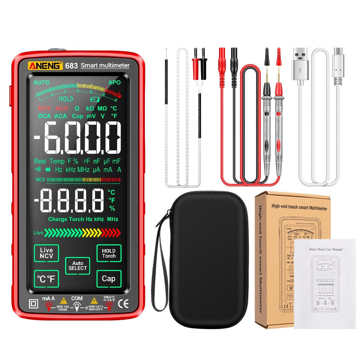 ANENG 683 6000 Counts Large Touch Screen Digital Multimeter Smart Anti-burn Rechargeable Universal Meter VA Reverse Display NCV Tester with Flashlight for Voltage Current Resistance Capacitance Temperature Frequency Diode Dut