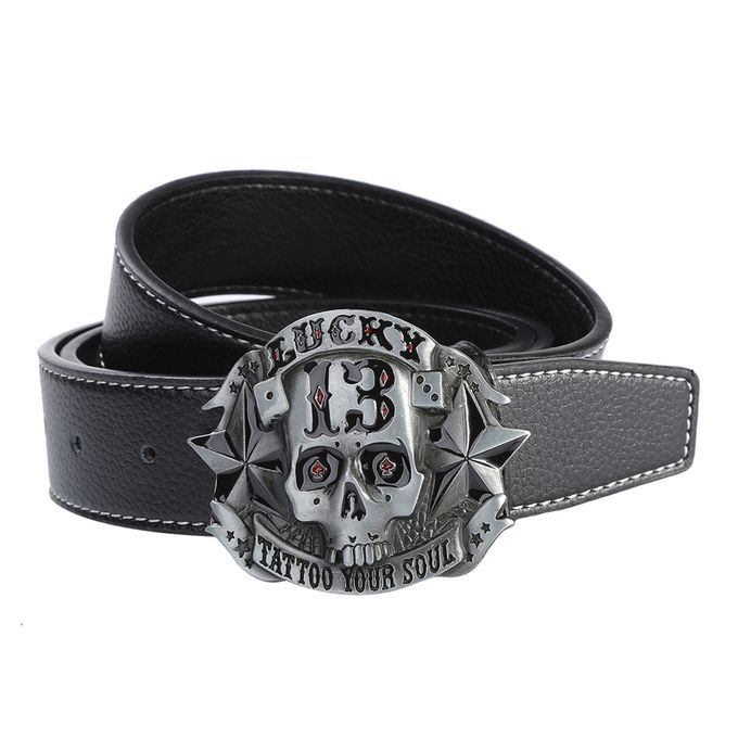 Western Cowboy Style Skull Head Buckle Leather Belt Jeans Decor Black