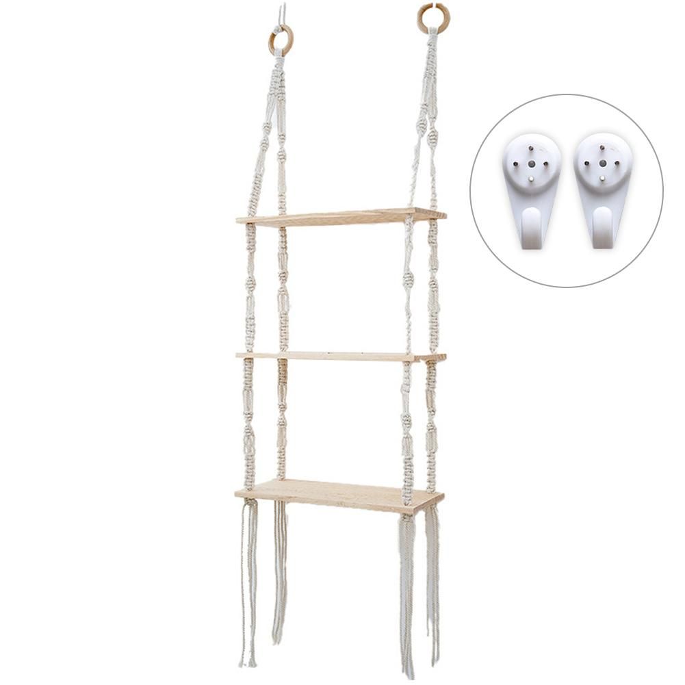 3 Tier Wall Hanging Shelf Wall Decor Decorative Creamy White Hanging Shelf Woven Rope for Bedroom Living Room Bookshelf