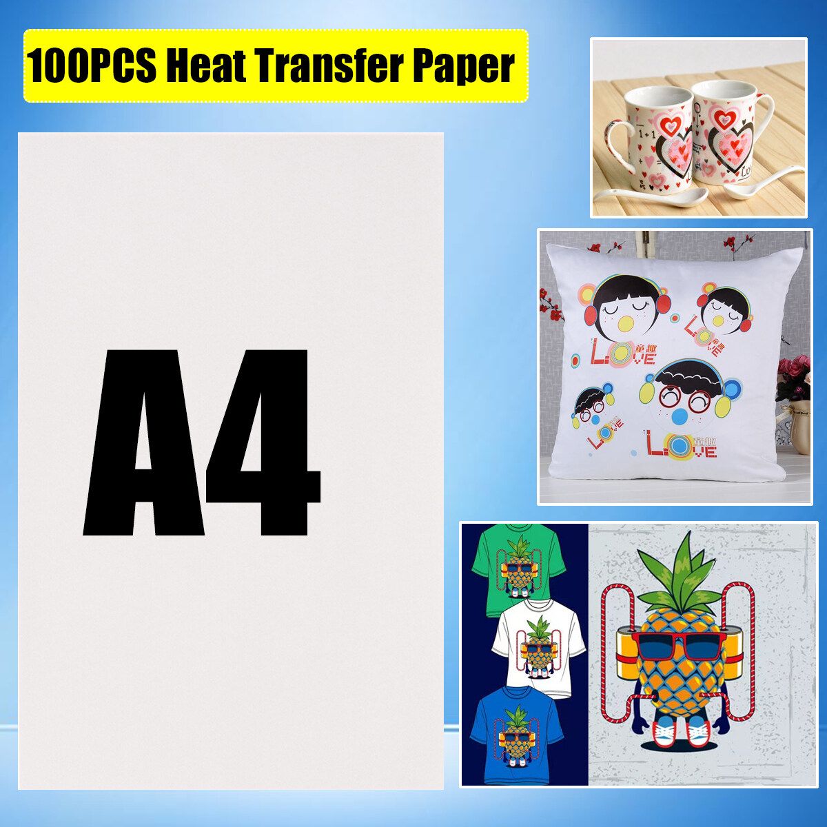 100PCS A4 Heat Press Transfer Paper For Light Fabric Iron-On DIY Cloth T-Shirt
