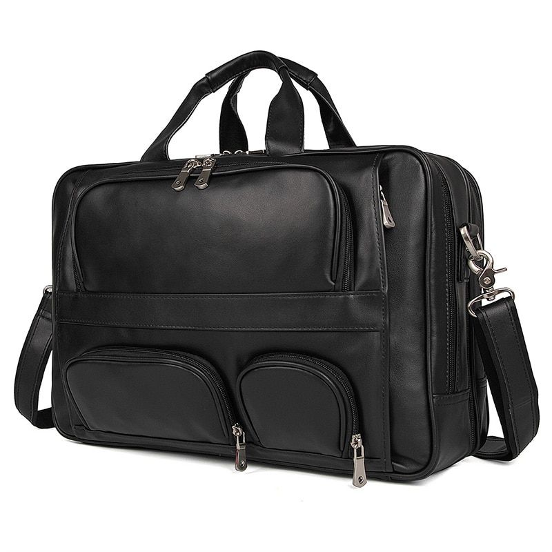 Nesitu Vintage Big Large Coffee Black Brown Genuine Leather Men Briefcase Office