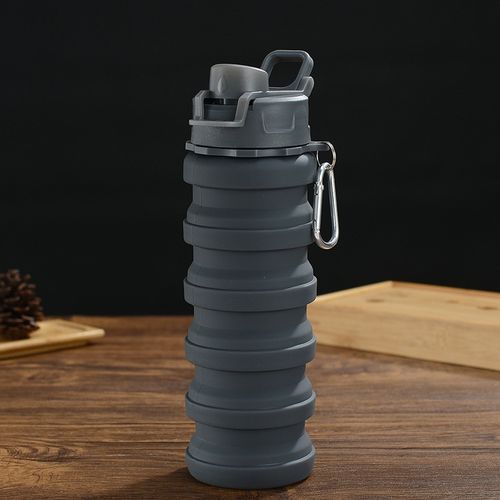 500ML Portable Retractable Silicone Bottle Folding Water Bottle Outdoor Travel Drinking Cup With Carabiner Collapsible Cup Blcak SAI