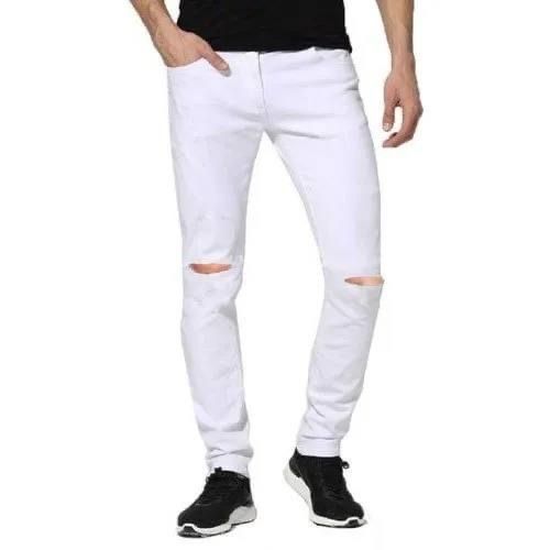 Plain Slim Fits White Knee Ripped Men's Stretchy Jeans