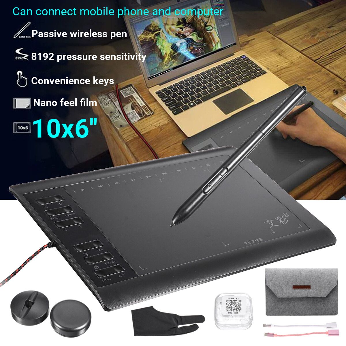 10x6''Electronic Drawing Board Digital Drawing Graphic Tablet Quick Reading Pad W/ Pen Sensing