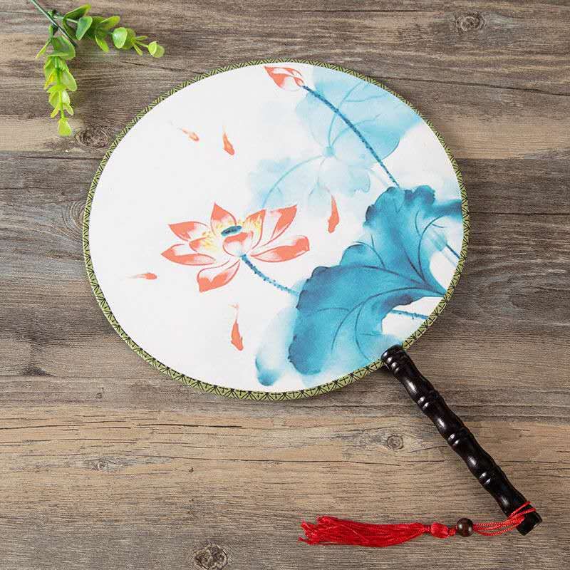 Antique Ladies Fan Dance 24cm Circle Fan Round Handle Hand Big Costume Decorative Silk Chinese Printed Double Large Fan