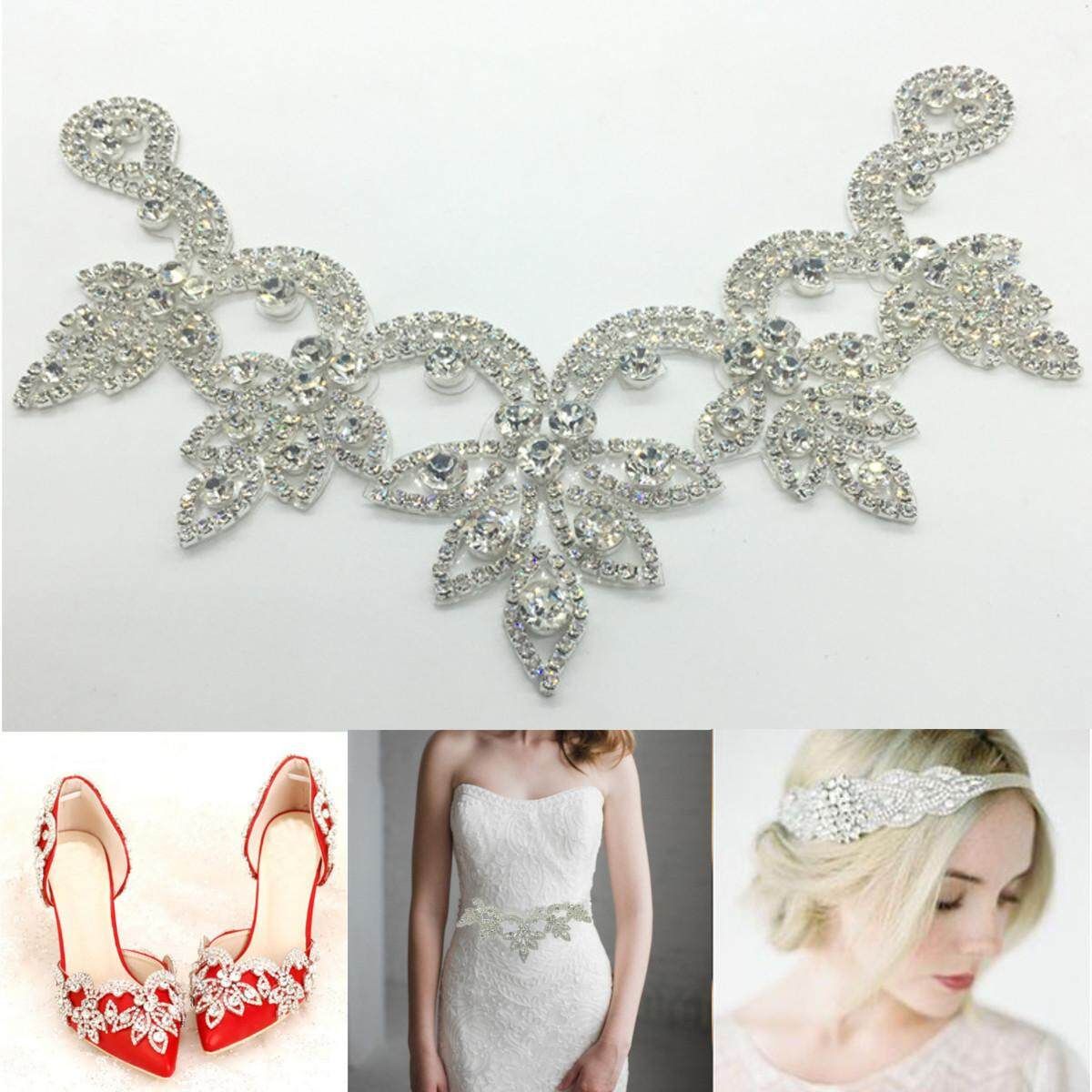 Crystal Rhinestone Applique Trim Iron On Wedding Bridal Belt Sash Dress Shoes