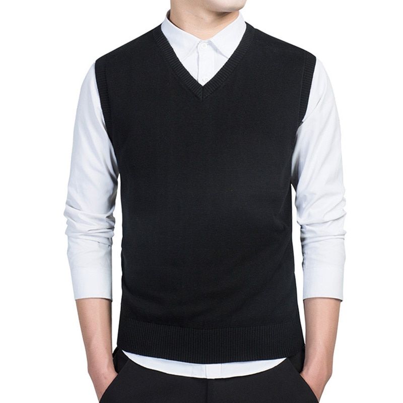 Men Sweater Vest Male Plus Size 5XL 6XL Cotton Knit Solid Sleeveless-Black