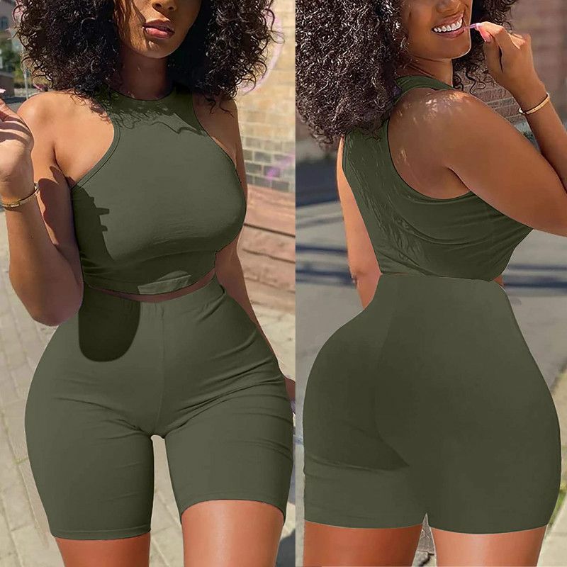 (Army Green)Two Piece Set Women 2021 Summer Solid Color Tracksuits Sleeveless Vest Crop Tops + Skinny Shorts 2Pcs Set Fitness Clubwear GRE