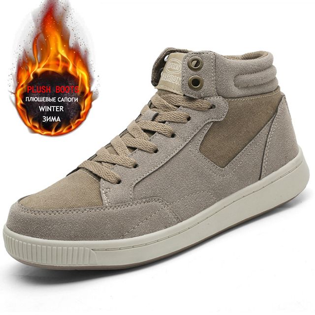 Big Size 49 Winter Men's Snow Boots Suede Outdoor Breathable Men's Sneakers Fur Warm Comfortable Snow Shoes Outdoor Men's Boots-Khaki