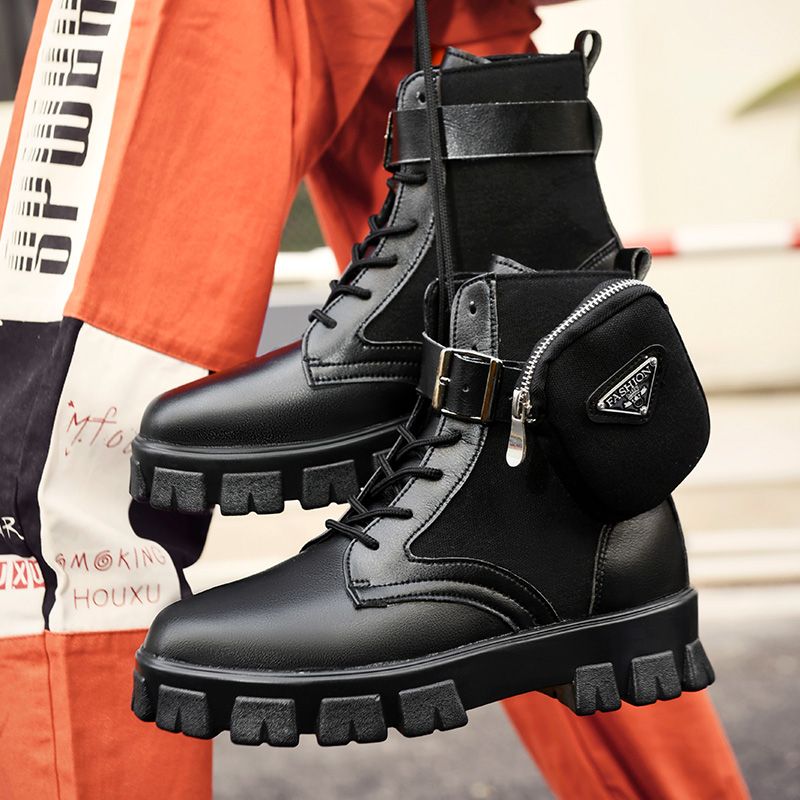 Pocket Boots For Men Boots High Top Men Single Boots Martin Boots Soft Boots Autumn Ankle Boots Men Shoes-Black