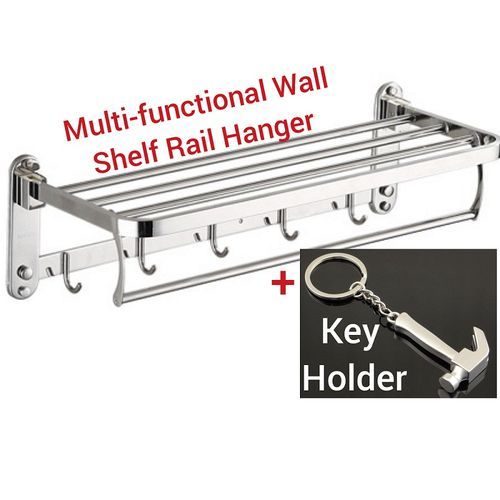 Bathroom Towel Hanger Double Rail Shelf Rack + Key Holder