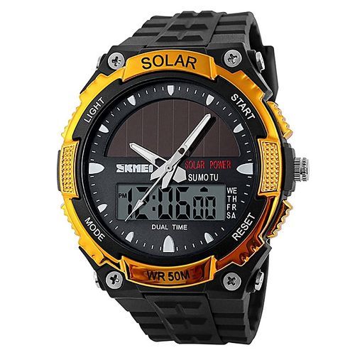 Solar Power Watch Men Sports Watches 2 Time Zone Digital Quartz