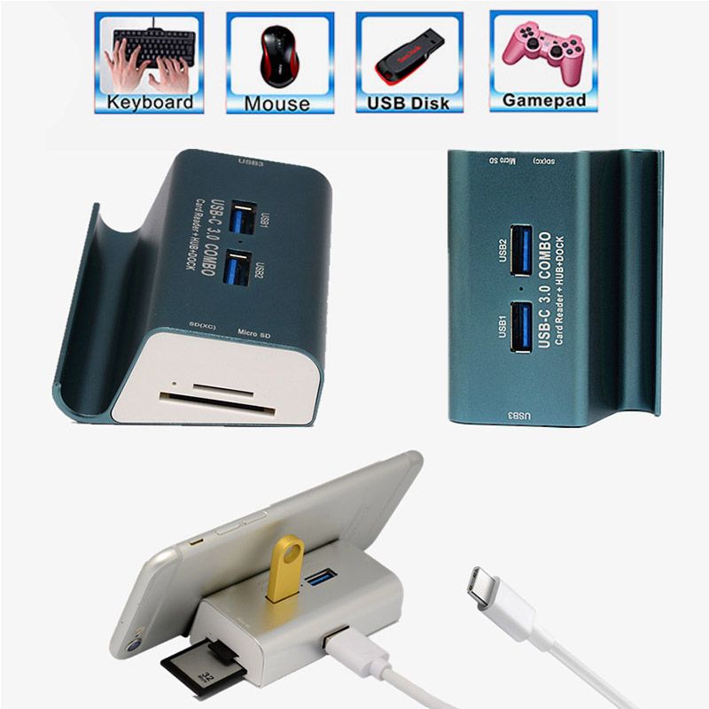 Type-C To 3 Port USB 3.0 Hub Combo, Phone Holder Card Reader HUB Aluminum Alloy