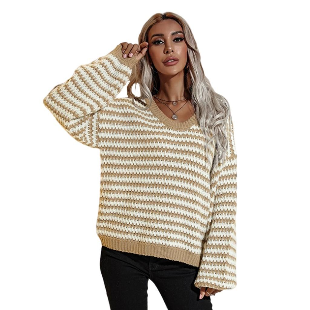 Womens Winter V Neck Tops Knitted Ladies Casual Sweater Jumper Khaki L