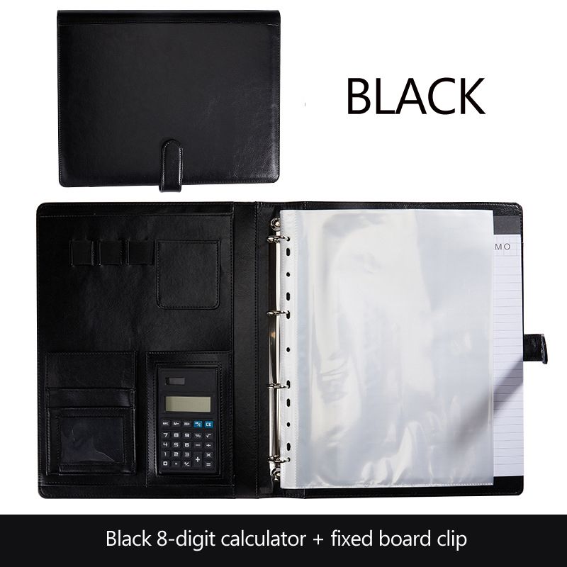 Leather Folder Padfolio Multifunction Organizer Planner Notebook Ring Binder A4 File Folder With Calculator Office Black 8 Digit Board