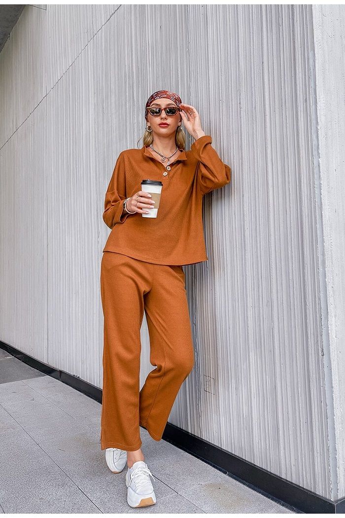 Women Casual Two Piece Sport Long Sleeve Outfit Track Set - Cider Orange