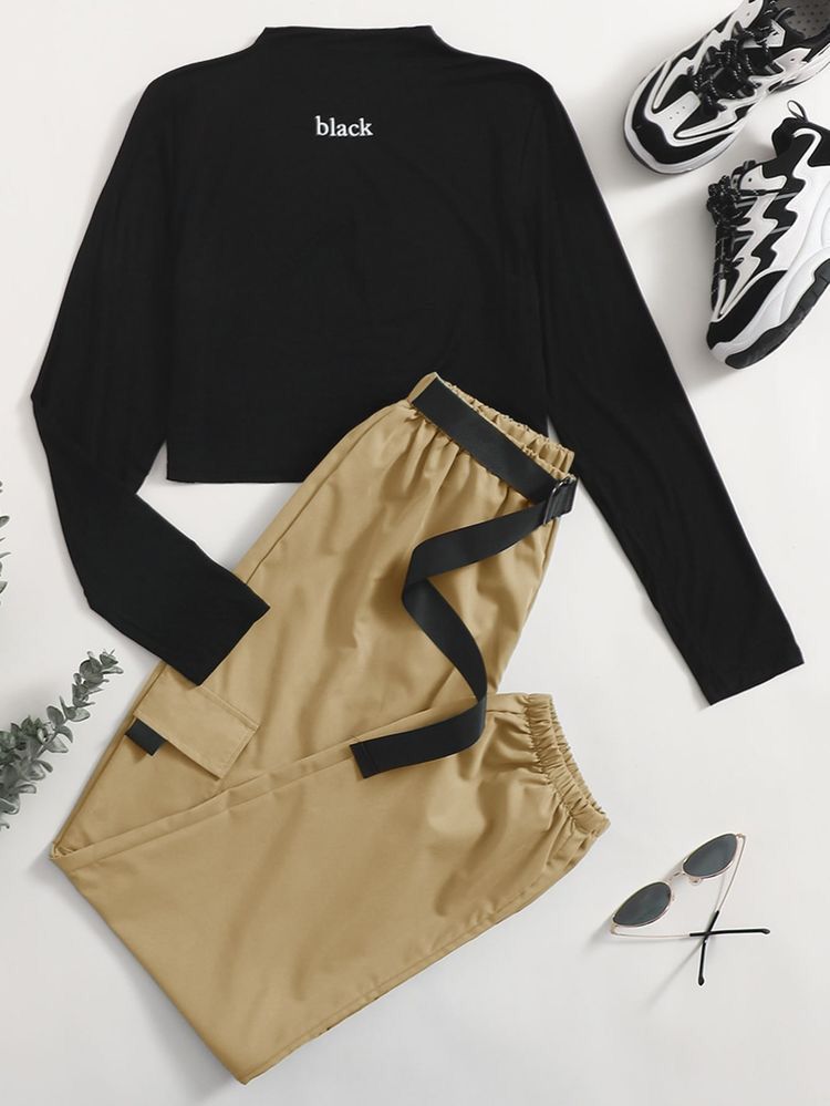 Black Crop Top And Cargo Pant