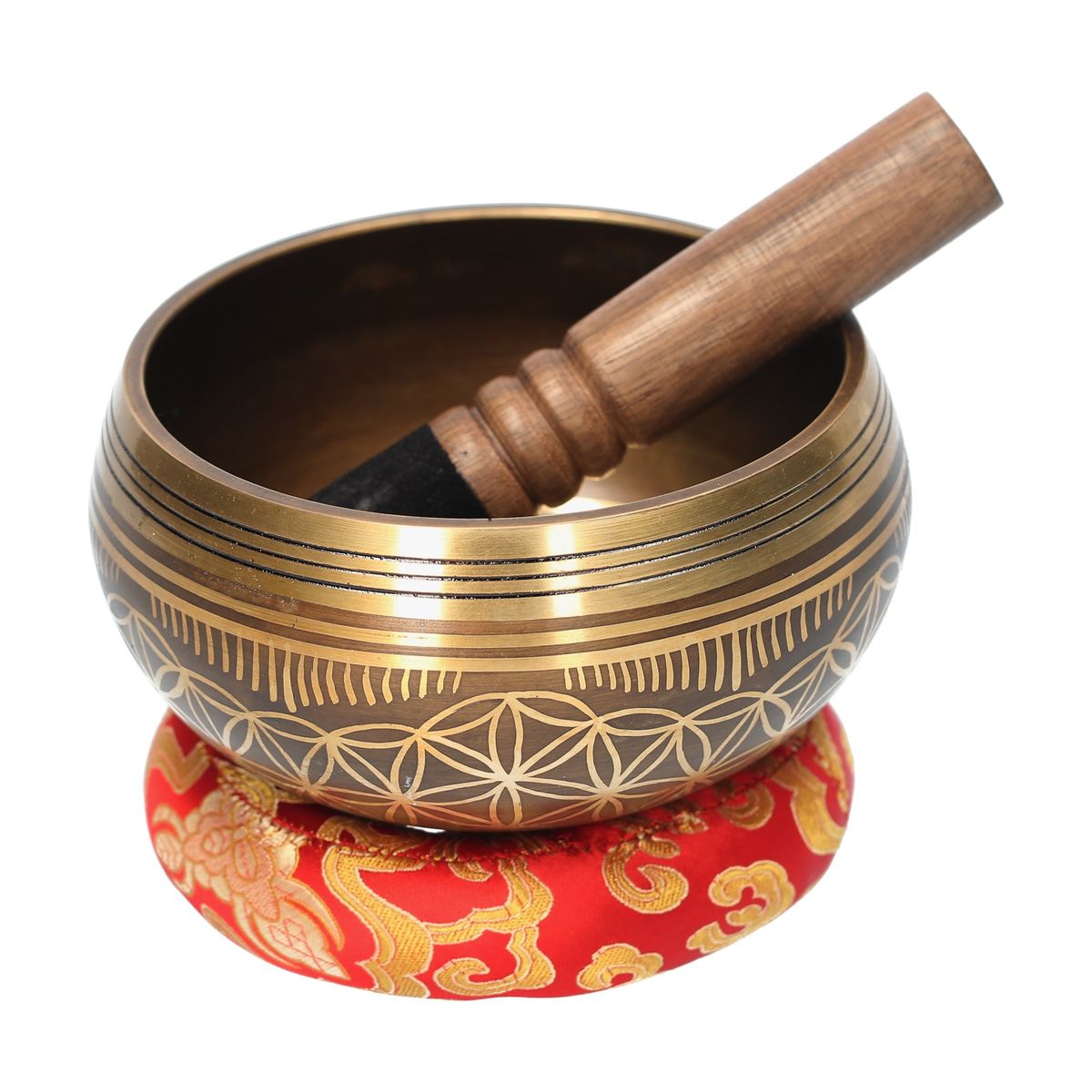Bell Metal Singing Bowl Set With Mallet   Cushion Flower Of