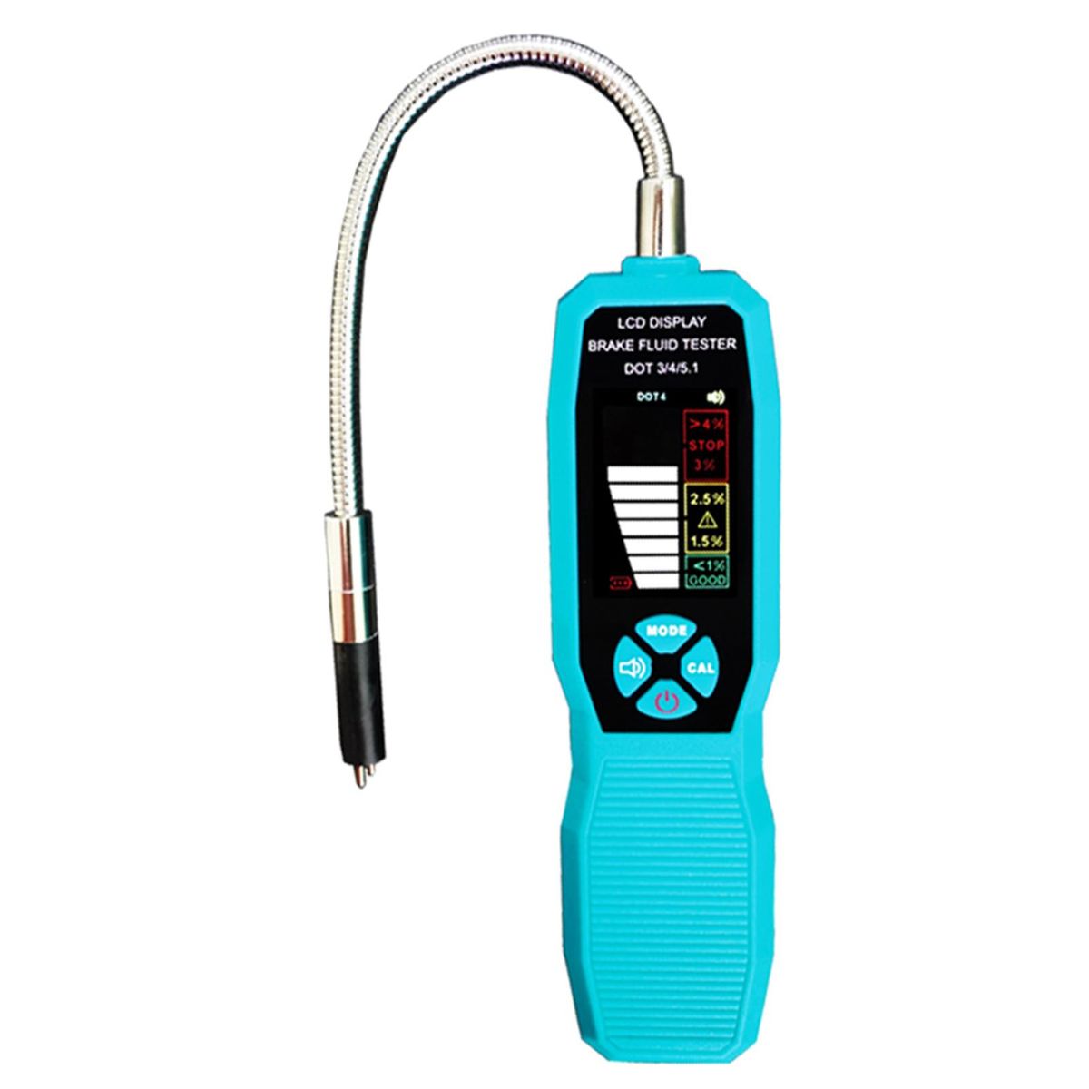 Brake Fluid Tester, DOT3 DOT4 DOT5.1 LCD Color Screen Brake Fluid Tester with CAL Self-Calibration Function Sound Prompt Flexible Probe Storage Case 4 AAA Battery