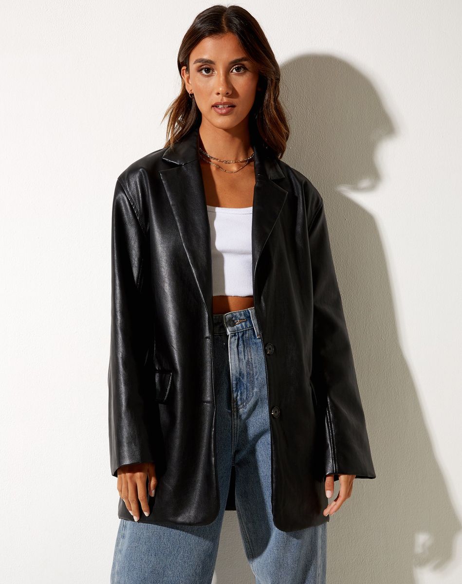 （Black）PU Leather Ba Women Fashion Solid Color Tailored Collar Long Sleeve Suit