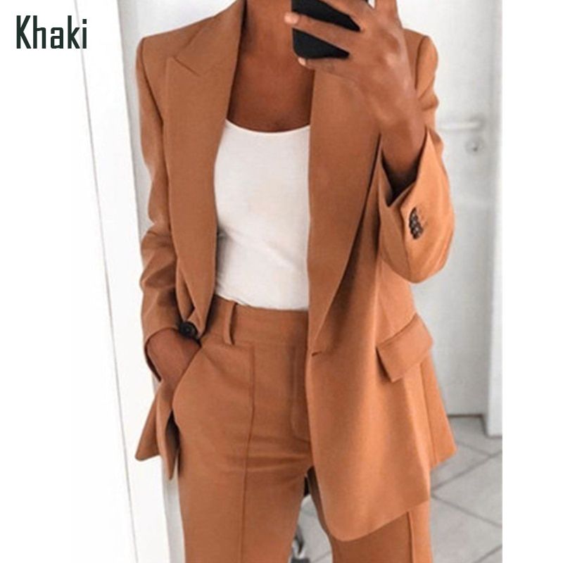 2022 Women Fashion Casual Suits Chic Office Lady Slim B Jacket-Khaki