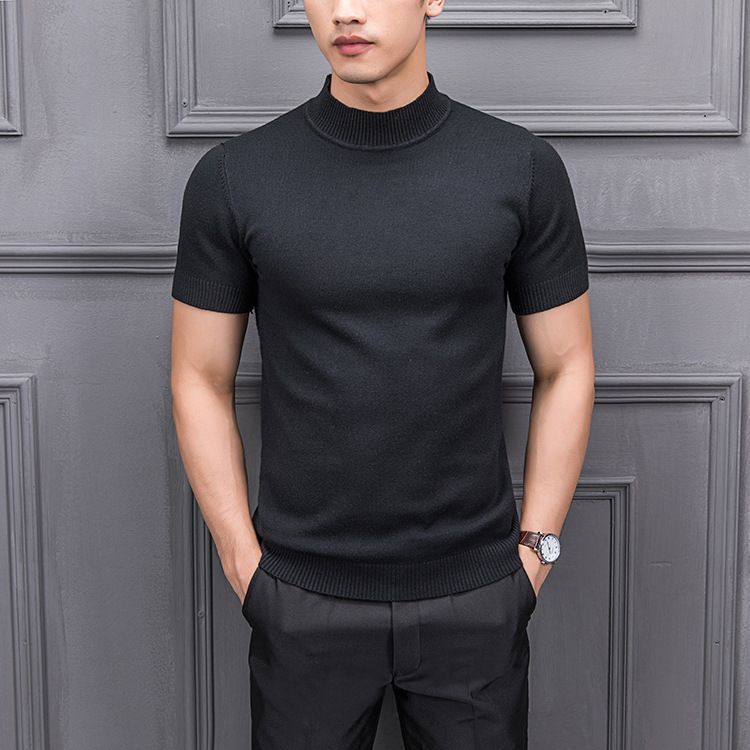 Brand Summer Fashion Mens Sweaters Tshirt Slim Solid Color O Collar Knitting Half-black