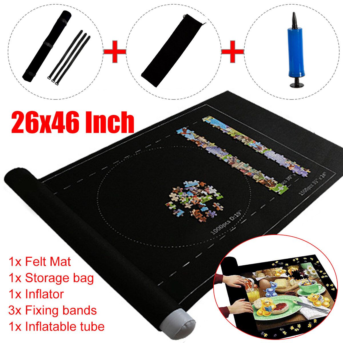 Portable Puzzles Mat Jigsaw Roll Felt Mat Play Mat Blanket Playmat For Up To 1500 Pieces Inflatable Tube Pump Player Travel Storage Bag Grey