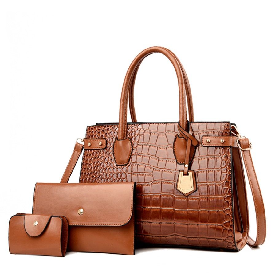 All Season's Leather Office Ladies Handbag 3pcs-Brown