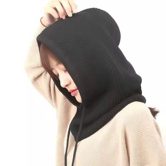Women Winter Beanie Hat Cashmere Female Knitted Hooded Scarf Balaclava For Women Windproof Warm Wool Cap(#Black)