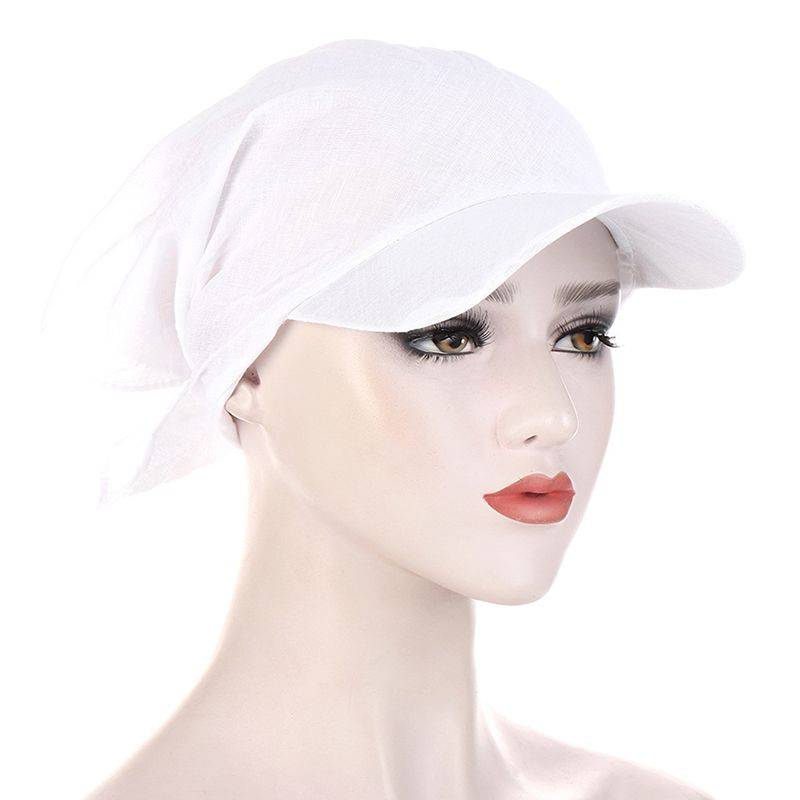 （White）1PC Women Durag Brim Cap Sun Visor With Pre-Tied Turban Caps Head Scarf Hijab Pure Color RA