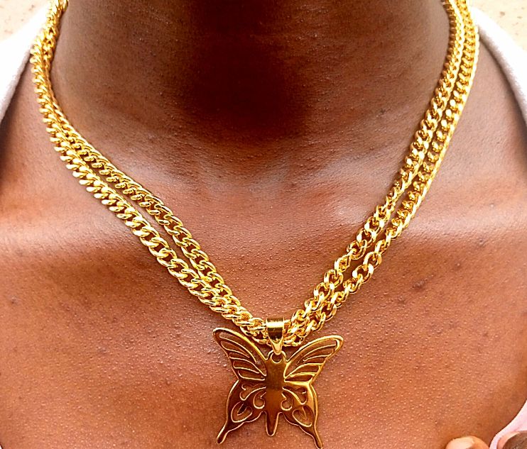 Lovely Two Chain Cuban With Butterfly Pendant. Gold