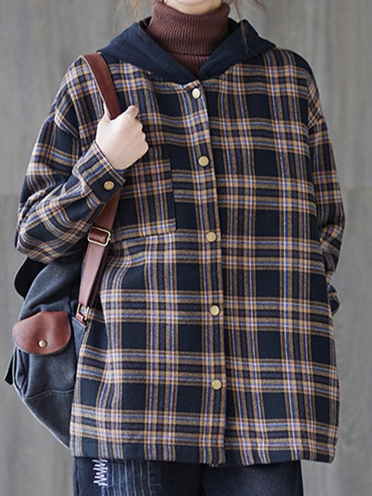 Women Hoodie Literary Check Print Pocket Button Long Sleeve Vintage Coats