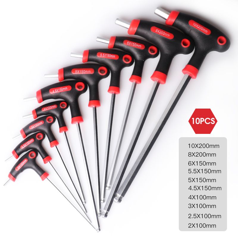 (Ball-end)QUK T-Handle Hexagon Wrench 10 Pcs Set Universal Allen Key Torx Ball Spanner Screw Nut Driver For AutoMobile Repair Hand Tool