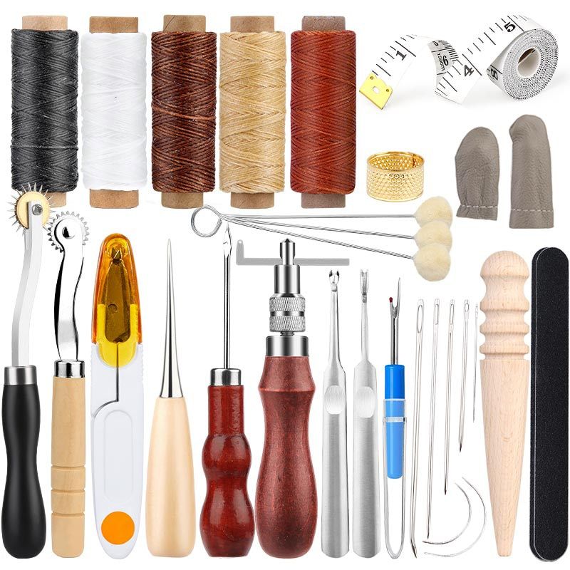 LMDZ Leather Craft Tool Kit With Hand Sewing Stitching Awls Scribing Wheel Leather Edge Polisher Groovers Leather Wax Thread