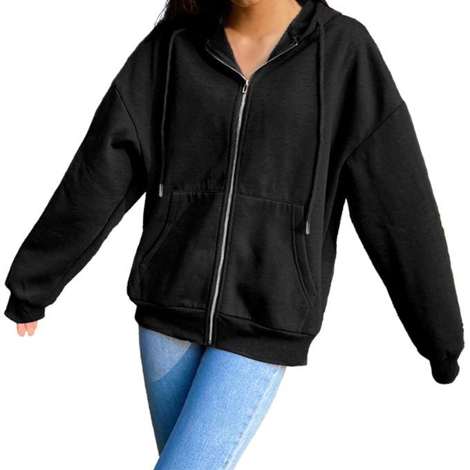 Hoodie Plain Woman Sweatshirt Zip Jackets Black 2XL